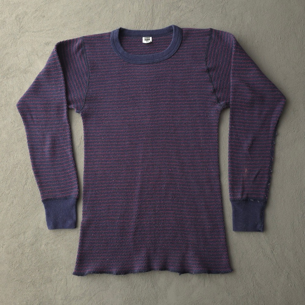 Vintage 70s Hanes Navy Red Thermal T-shirt Small Striped Waffle Knit Cotton